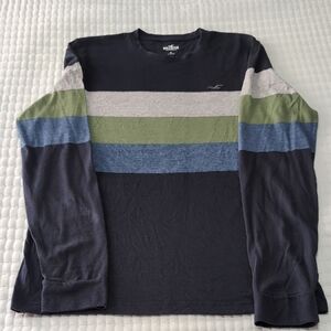 Hollister Men's Long Sleeve Shirt with Navy and Multicolor Stripes